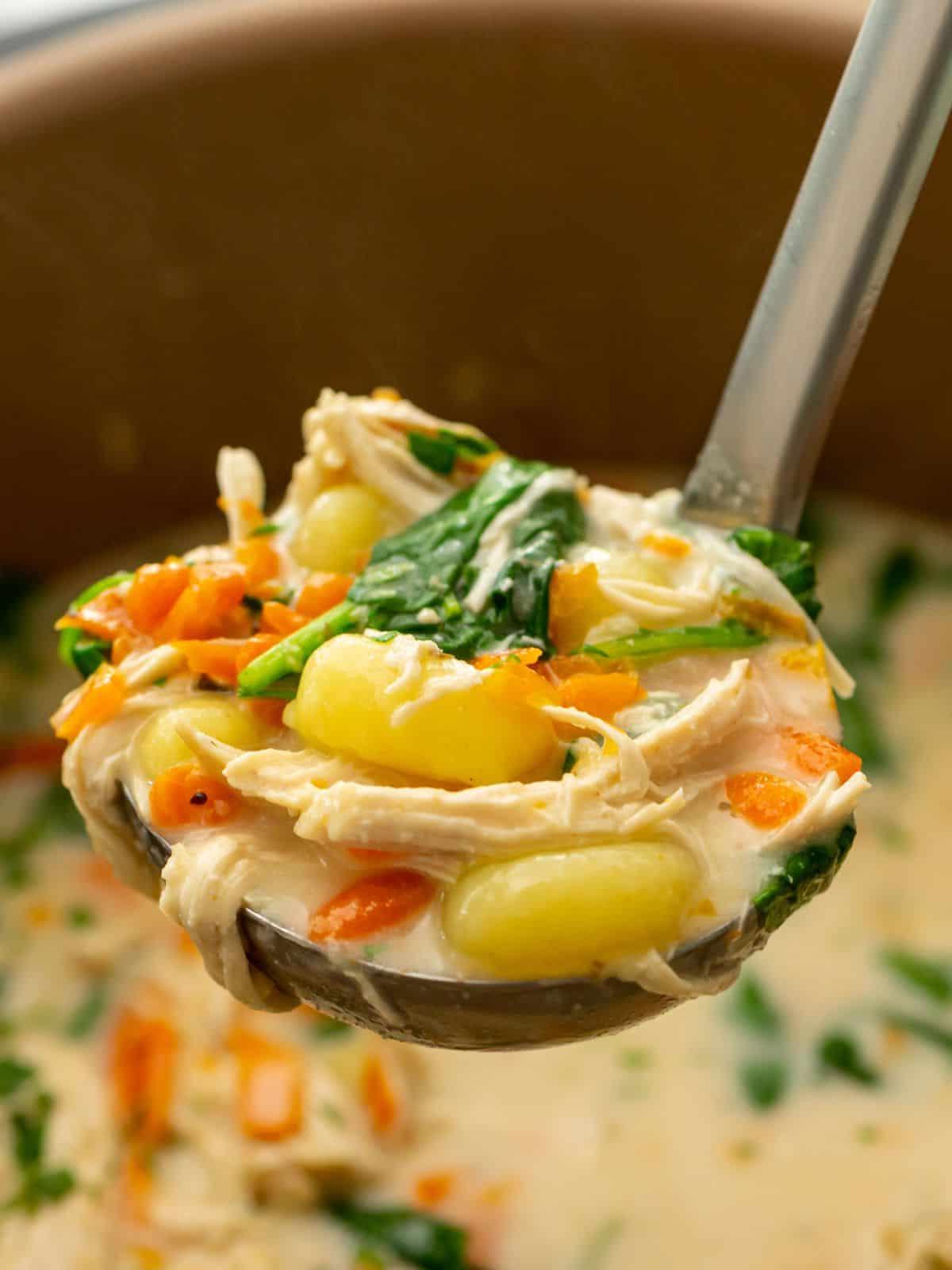 Eine Kelle Gnocchi-Suppe mit zerkleinertem Hähnchen, die aus dem inneren Topf des Instant Pots kommt.