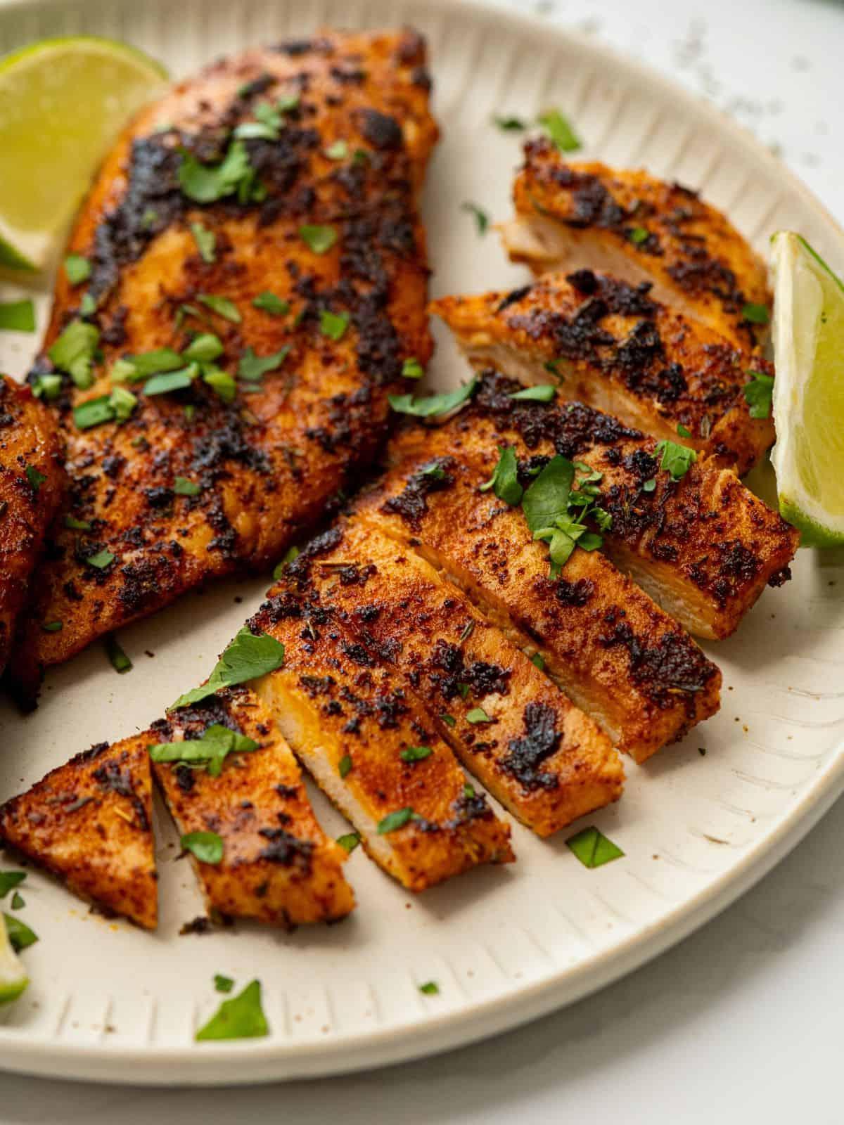 Blackened Chicken Breasts on plate with cilantro and lime wedges.