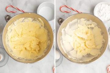 Nebeneinander-Foto, das den Teig nach dem Cremig-Rühren der Butter und dann nach dem Hinzufügen von Ei und Zucker zeigt.