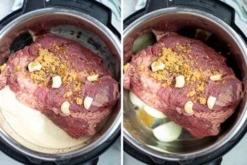 Nebeneinander Bilder, die Corned Beef in den Innentopf auf Zwiebeln geschichtet zeigen, mit Pökelgewürzen und Knoblauch belegt, und dann Bier eingegossen wird.