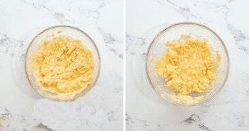Nebeneinander Rührschüsseln vor und nach dem Mischen der Füllung