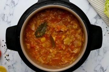 Zutaten für Kohlsuppe im Innentopf nach dem Garen unter Druck.