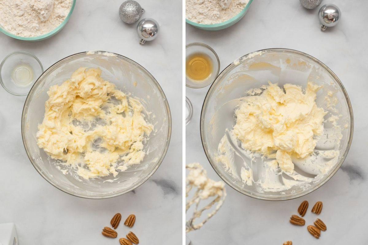 Nebeneinander-Fotos: Eine Rührschüssel mit aufgeschlagener Butter und daneben die Mischung nach Zugabe von Puderzucker und Vanille.