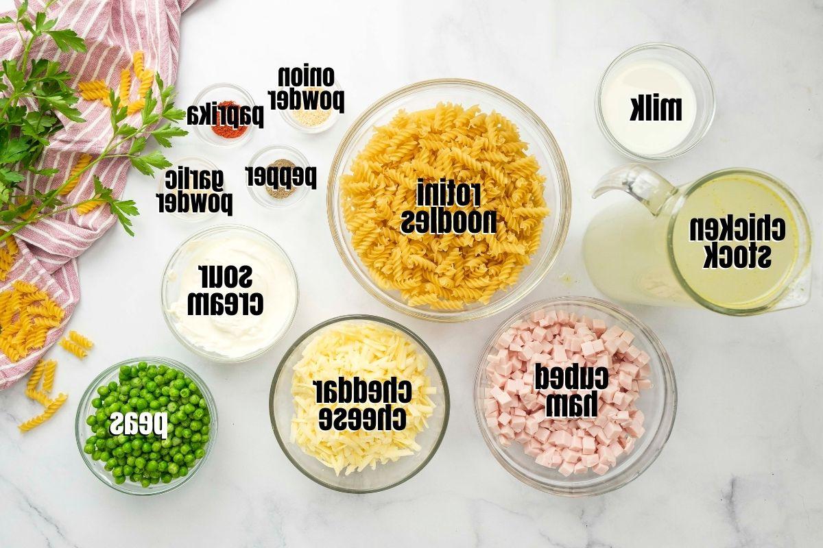 Zutaten für Instant Pot Pasta, sauber auf der Theke angeordnet und beschriftet.