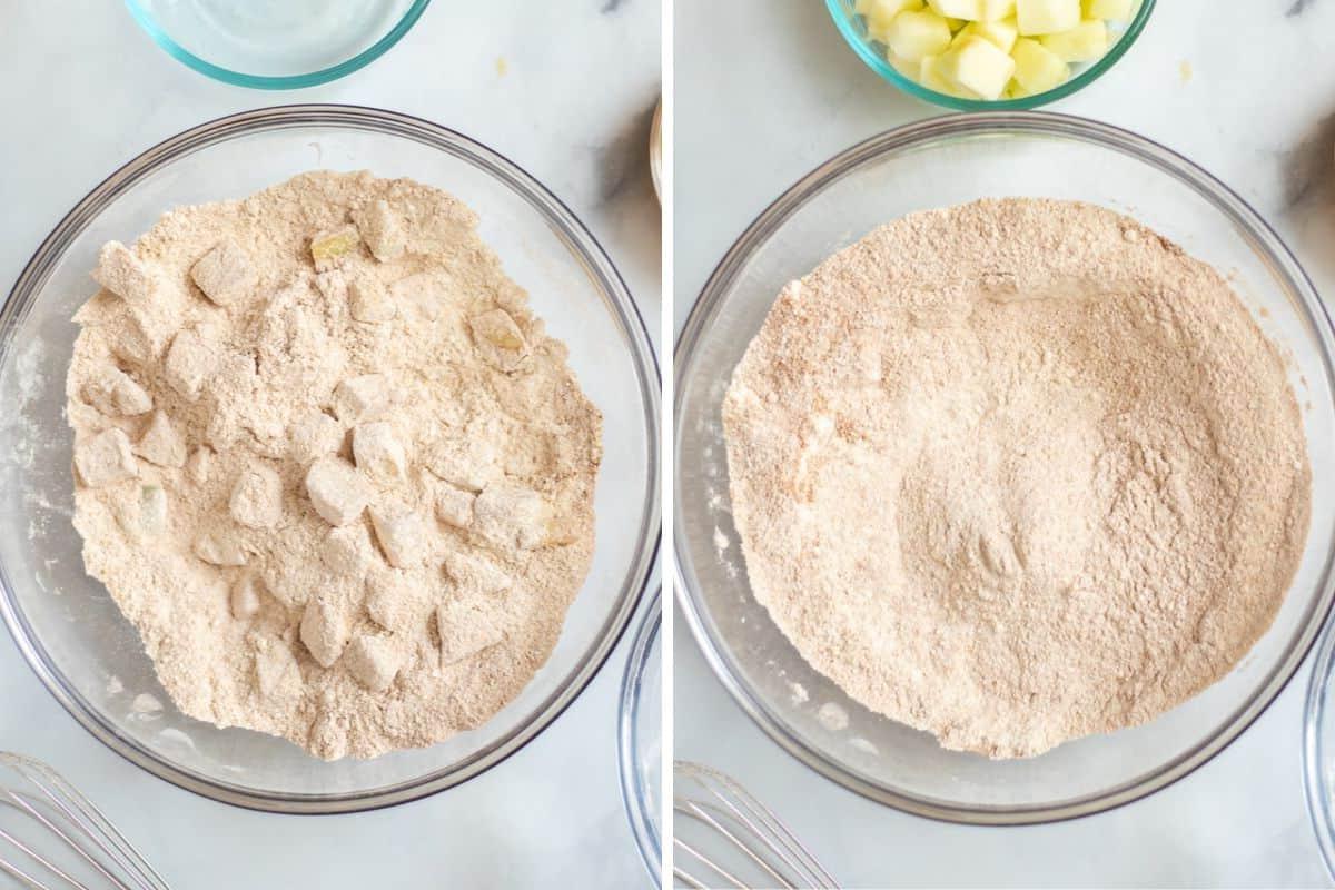 Apfelbrot Rezept Nebeneinanderaufnahme der trockenen Zutaten vor und nach dem Hinzufügen der Äpfel.