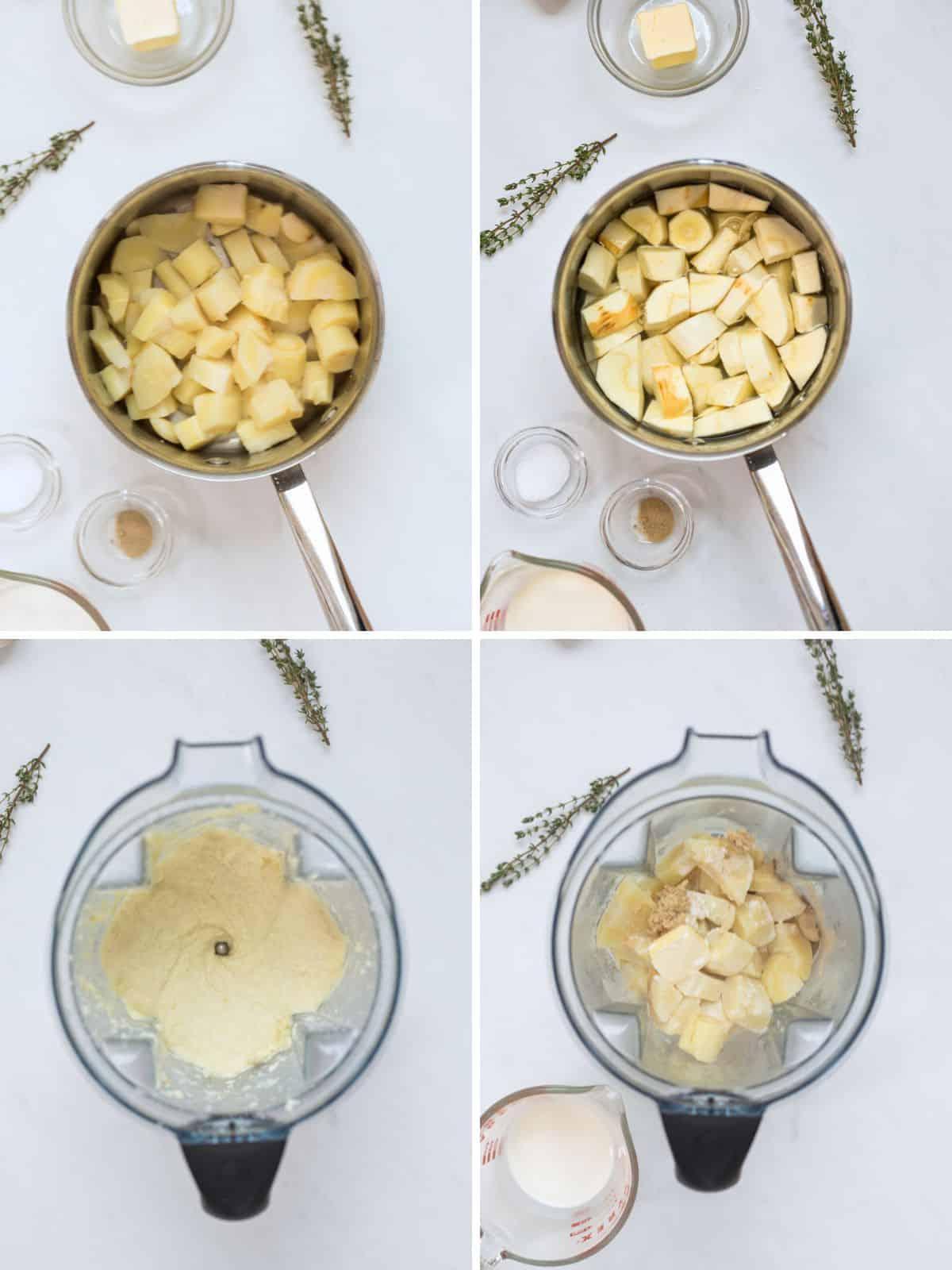 Pastinakenpüree zubereiten Schritt-für-Schritt-Fotos zur Herstellung von cremigem Pastinakenpüree: Pastinaken in Salzwasser, nach dem Kochen, im Mixer und nach dem Mixen mit Sahne und Butter.