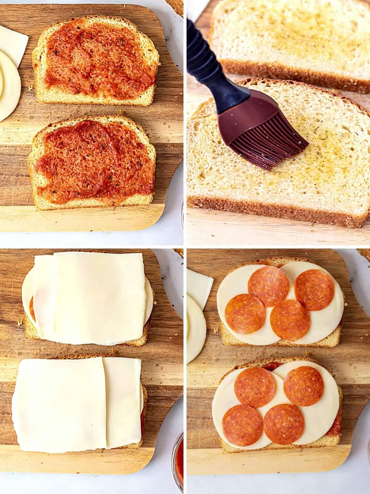 Collage aus 4 Bildern, die das Schichten von Brot mit Käse und Peperoni zeigen.