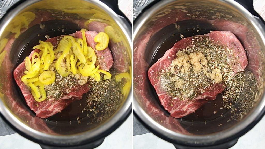 Seite-an-Seite-Bild von italienischem Rindfleisch im Innentopf des Instant Pot.