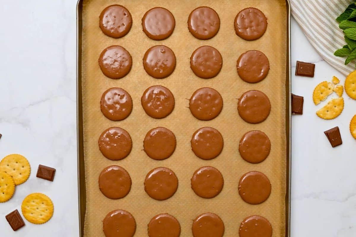 Runde Buttercracker, in geschmolzene, mit Minze aromatisierte Schokolade getaucht, liegen auf Backpapier auf einem Backblech.