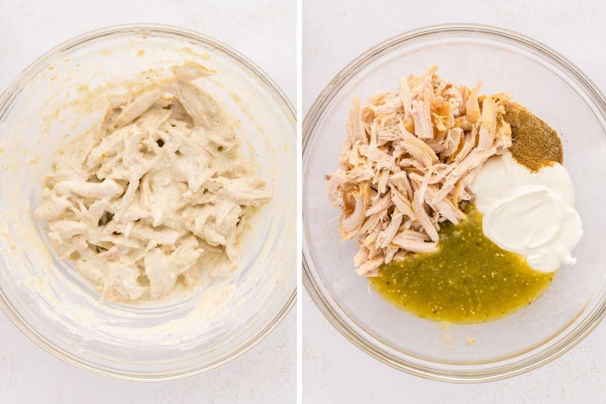 Nebeneinander Fotos, die Rührschüsseln mit Zutaten für die Hähnchen-Salsa-Verde-Enchilada-Füllung vor und nach dem Mischen zeigen.