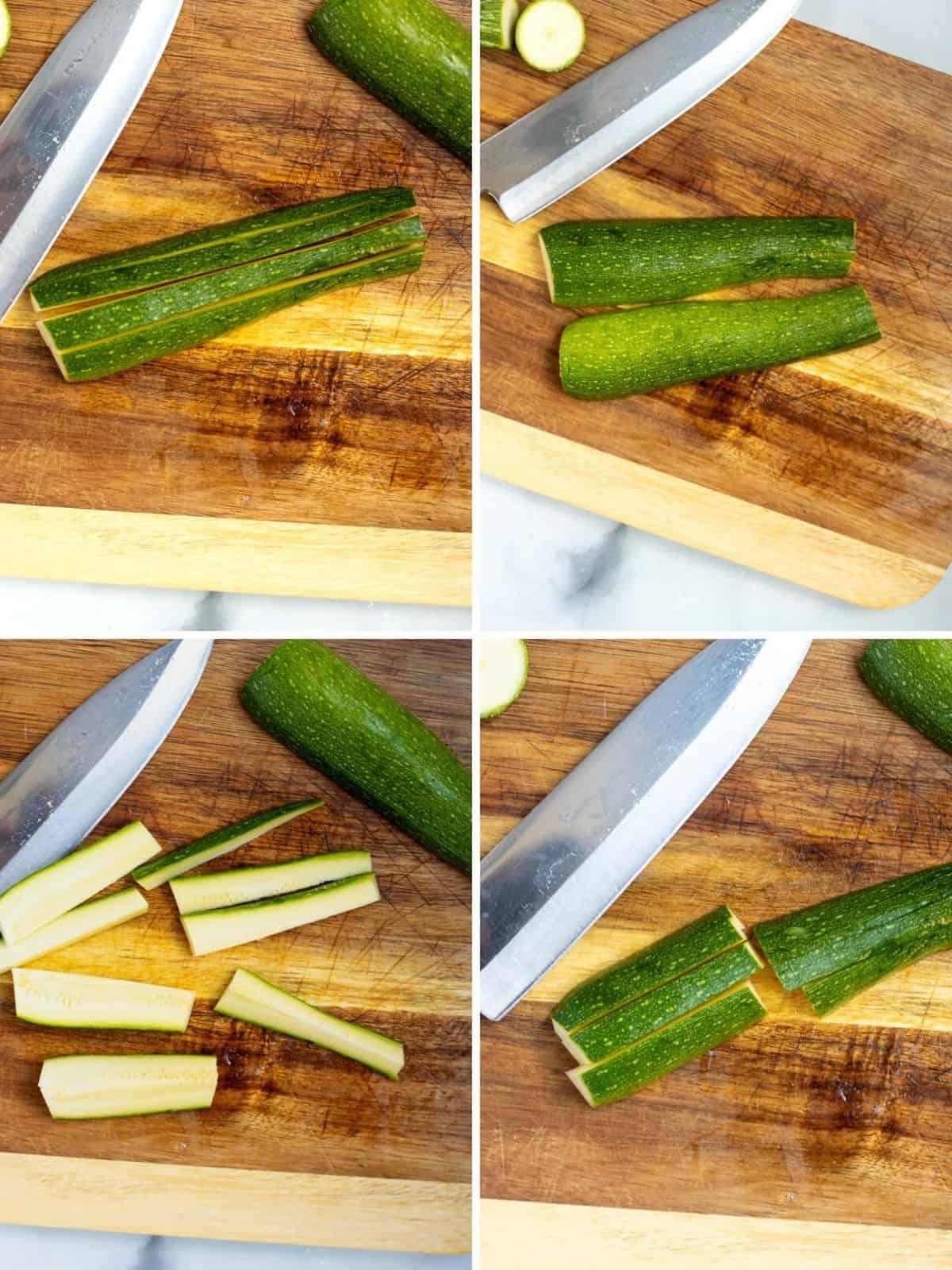 Schritt-für-Schritt-Fotos, die zeigen, wie man eine Zucchini in Pommes schneidet.