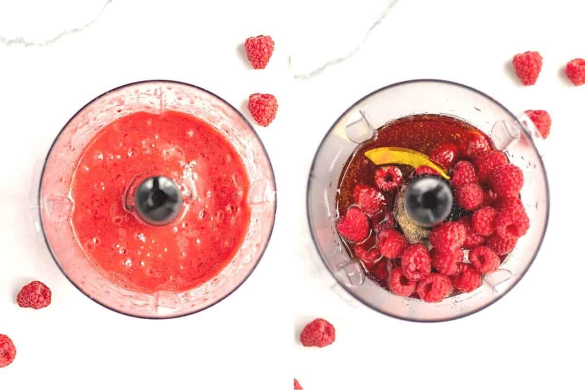 Nebeneinander-Foto der Küchenmaschine vor und nach dem Mixen der Himbeer-Vinaigrette.
