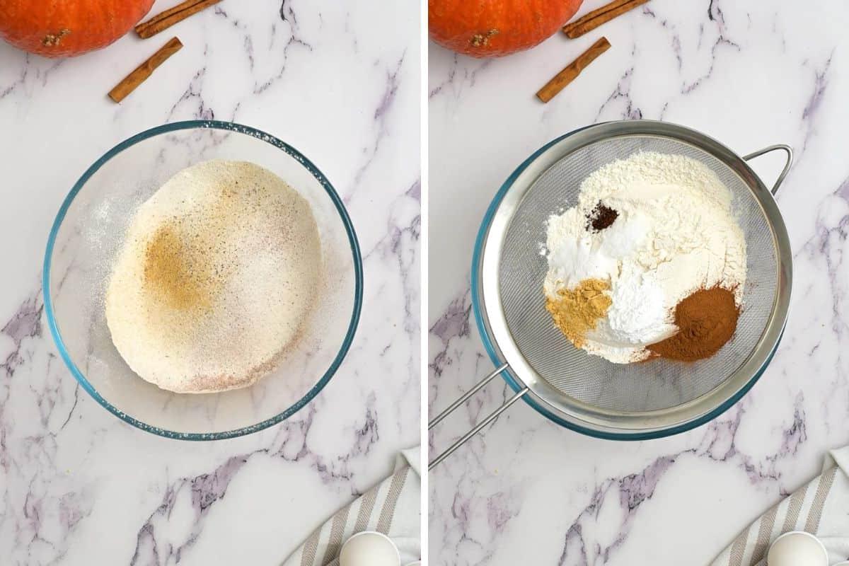 Kürbiskuchen mit Frischkäse-Frosting Nebeneinander liegende Rührschüsseln, die Mehl vor und nach dem Sieben zeigen.