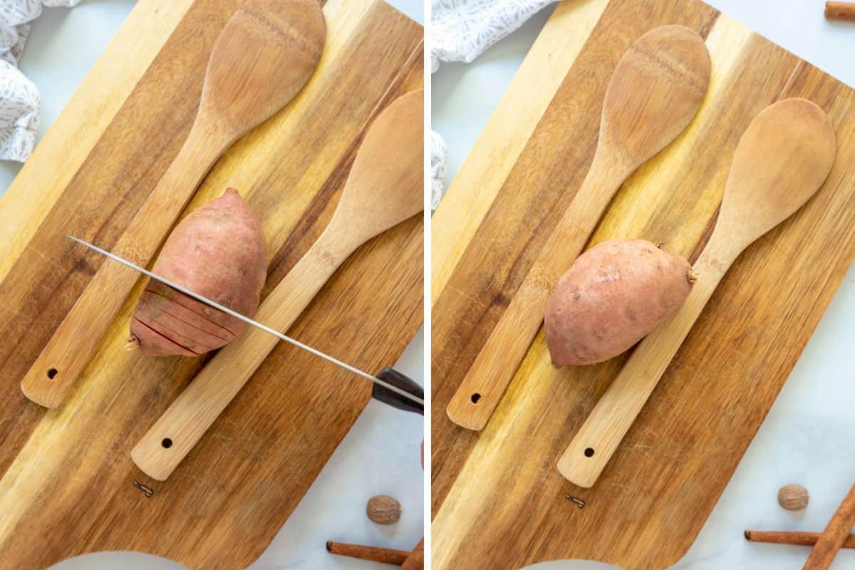 Hasselback Kartoffeln richtig schneiden Seitenansicht, die die Verwendung von Holzkochlöffeln zum Führen des Schneidens von Hasselback-Kartoffeln zeigt.