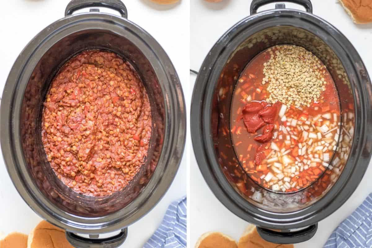 Slow Cooker Linsen-Sloppy-Joes Nebeneinander-Fotos, die Linsen-Sloppy-Joes vor und nach dem langsamen Garen zeigen.