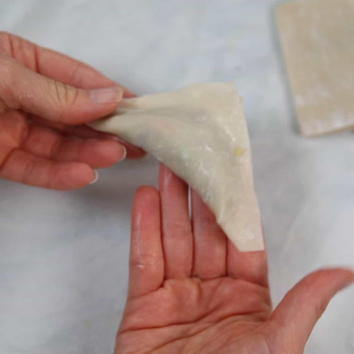 Geformter Potsticker in der Hand gehalten.