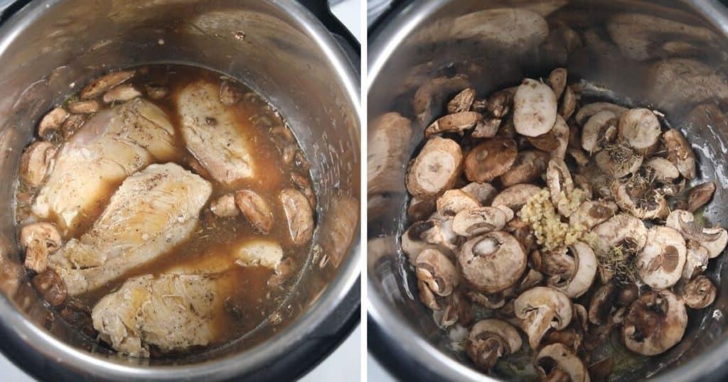 Nebeneinander Bilder von Hähnchen Marsala im Innentopf beim Pilze anbraten