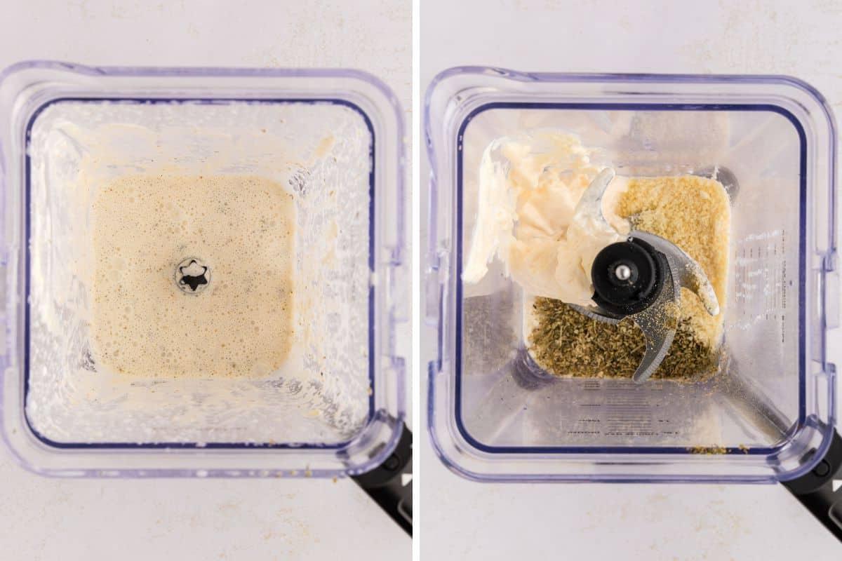 Seite-an-Seite-Foto, das die Zutaten für das cremige Parmesan-Dressing im Mixer vor und nach dem Mixen zeigt.