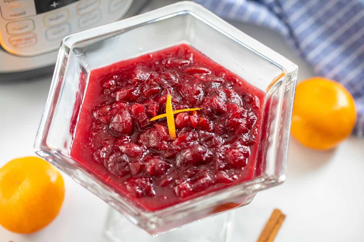 Preiselbeersauce mit Orangenschale garniert neben dem Innenbehälter.