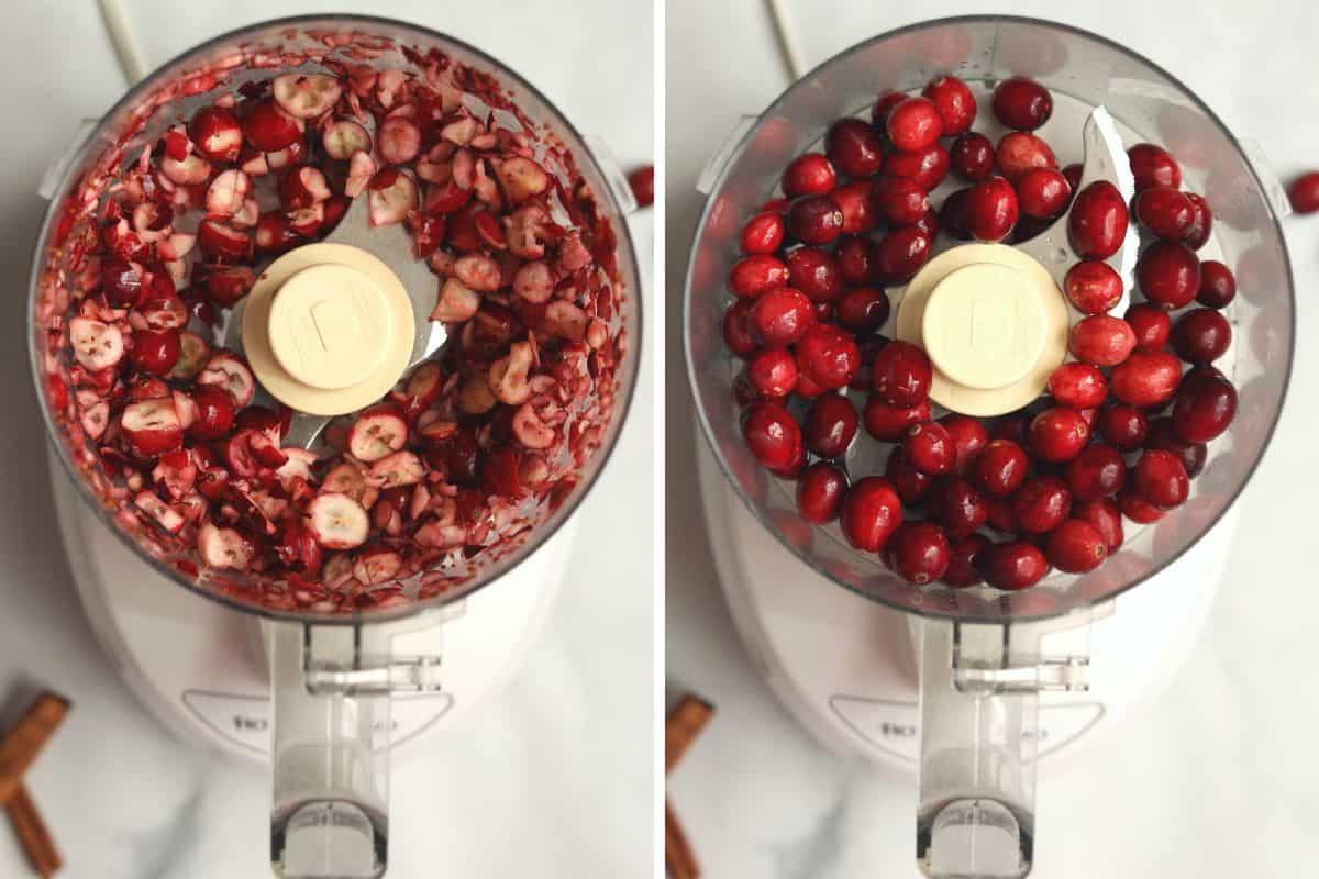 Nebeneinander Bilder einer Küchenmaschine vor und nach dem Zerkleinern von Cranberries.