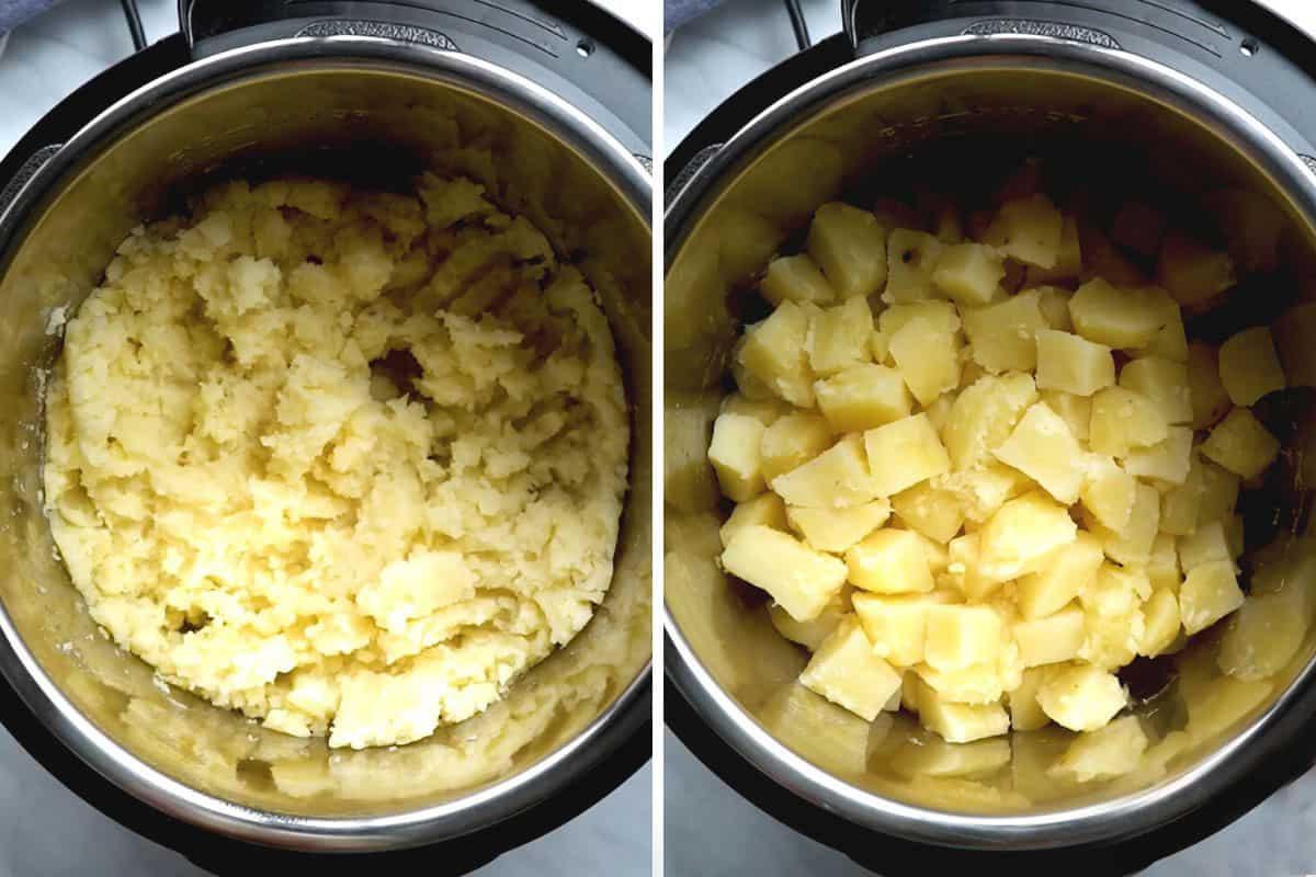 Nebeneinander-Foto von gekochten Kartoffeln vor und nach dem Stampfen im Instant Pot.