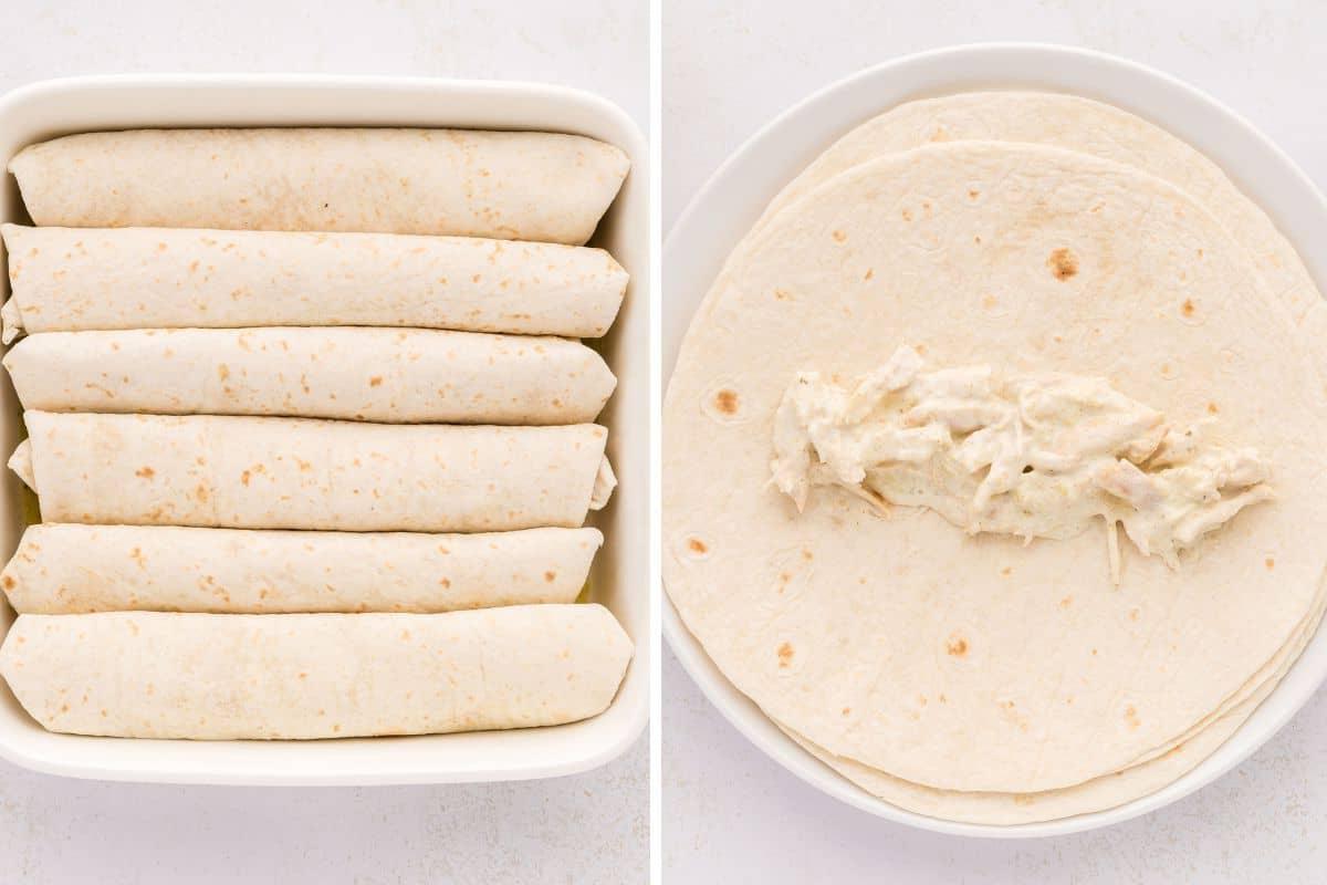 Nebeneinander Fotos, die Hähnchenmischung auf einer Weizentortilla zeigen, daneben ein Foto mit Tortillas, die in einer Auflaufform gerollt sind.