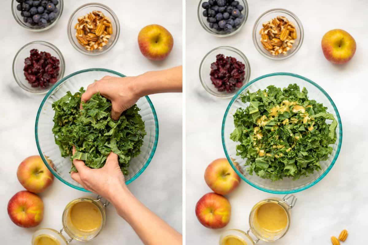 Nebeneinander-Foto zeigt Grünkohlsalat mit Ahorn-Dressing vor und während der Massage des Dressings in das Grün.