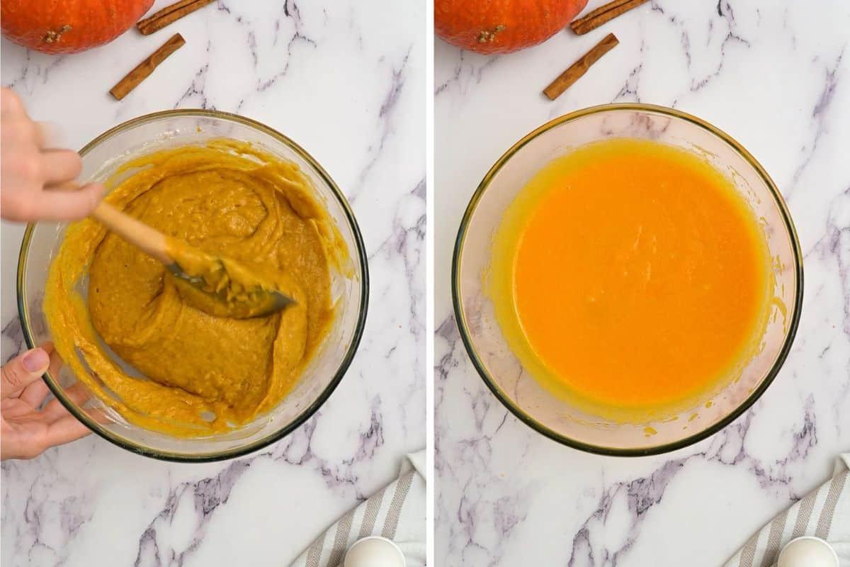 Das beste Kürbiskuchenrezept Nebeneinander liegendes Foto von feuchten Zutaten, die in einer Schüssel gemischt wurden, und dem Teig, der mit einem Spatel in der anderen Schüssel umgeschlagen wird.