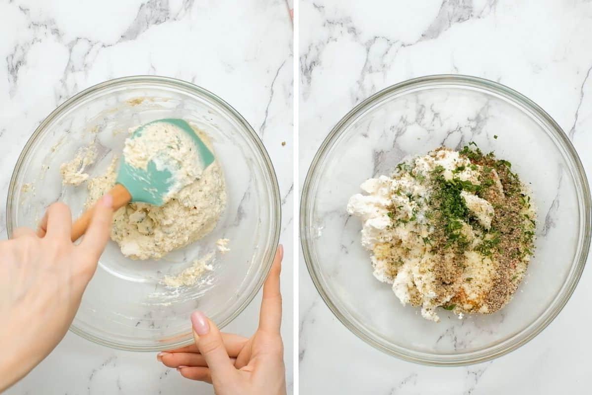 Rezept für mit Ricotta gefüllte Muscheln Nebeneinanderliegende Fotos, die Zutaten für die Ricotta-Füllung in einer Schüssel und dann das Mischen der Zutaten zeigen.