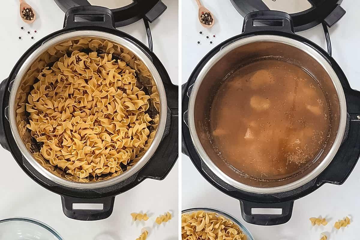 Instant Pot nebeneinander zeigt Brühe mit Thunfisch und dann nach dem Hinzufügen der Nudeln.