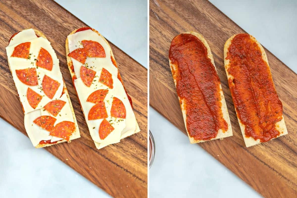 Baguette Pizza Heißluftfritteuse Nebeneinander-Foto, das das Hinzufügen von Pizzasoße und Käse zu getoastetem Baguette zeigt.