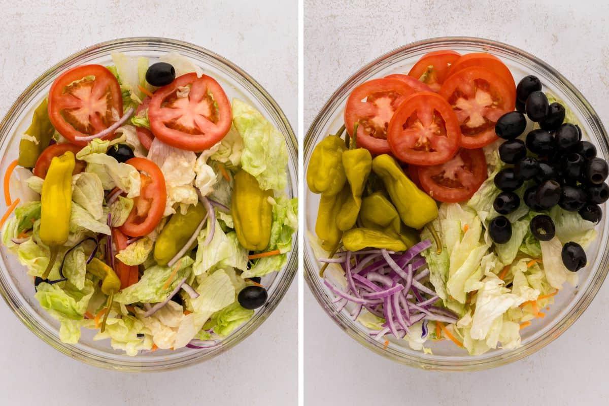 Klare Rührschüssel Seite an Seite mit Eisbergsalat, Kohl, Zwiebeln, Karotten, Oliven, Tomaten und Pepperoncini-Paprika vor und nach dem Vermischen.