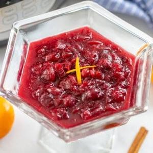 Preiselbeersauce mit Orangenschale garniert neben dem Innenbehälter.