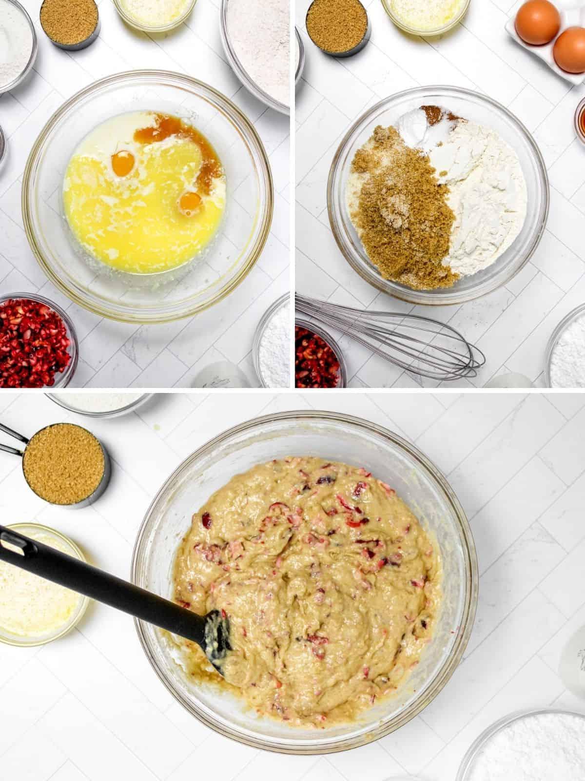 Drei Fotos, die die Schritte der Zubereitung des Cranberry-Orangen-Muffin-Teigs zeigen.