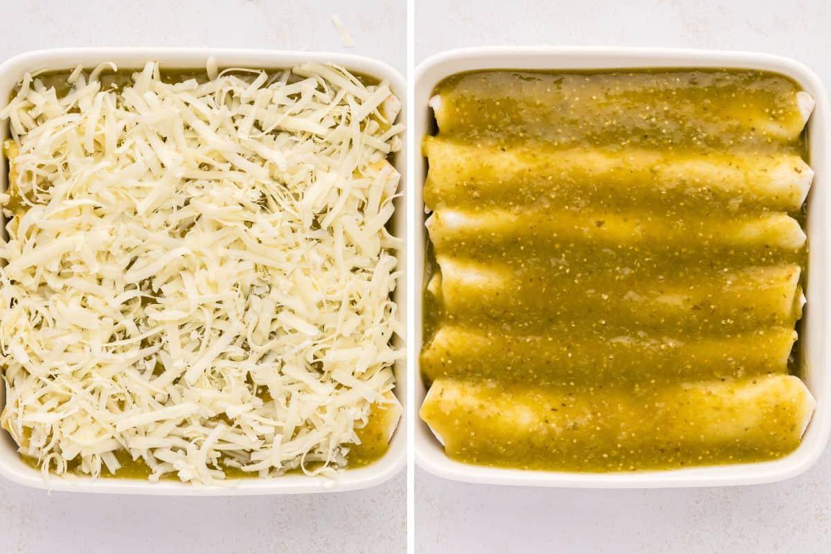 Nebeneinander Fotos, die gerollte Hähnchen-Enchiladas zeigen, die mit Salsa Verde bedeckt sind, in einer Auflaufform vor und nach dem Hinzufügen von geriebenem Käse.