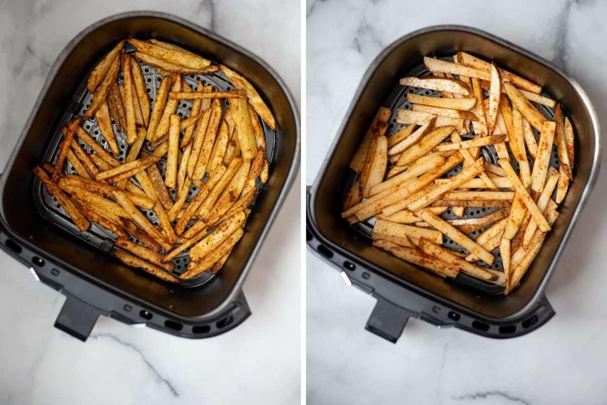 Heißluftfritteusenkorb mit Pommes im Vorher-Nachher-Vergleich des Kochens.