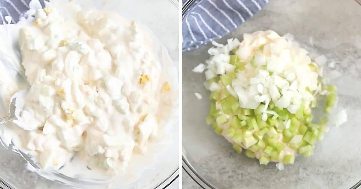 Nebeneinander-Fotos, die das Dressing für Kartoffelsalat vor und nach dem Mischen zeigen.