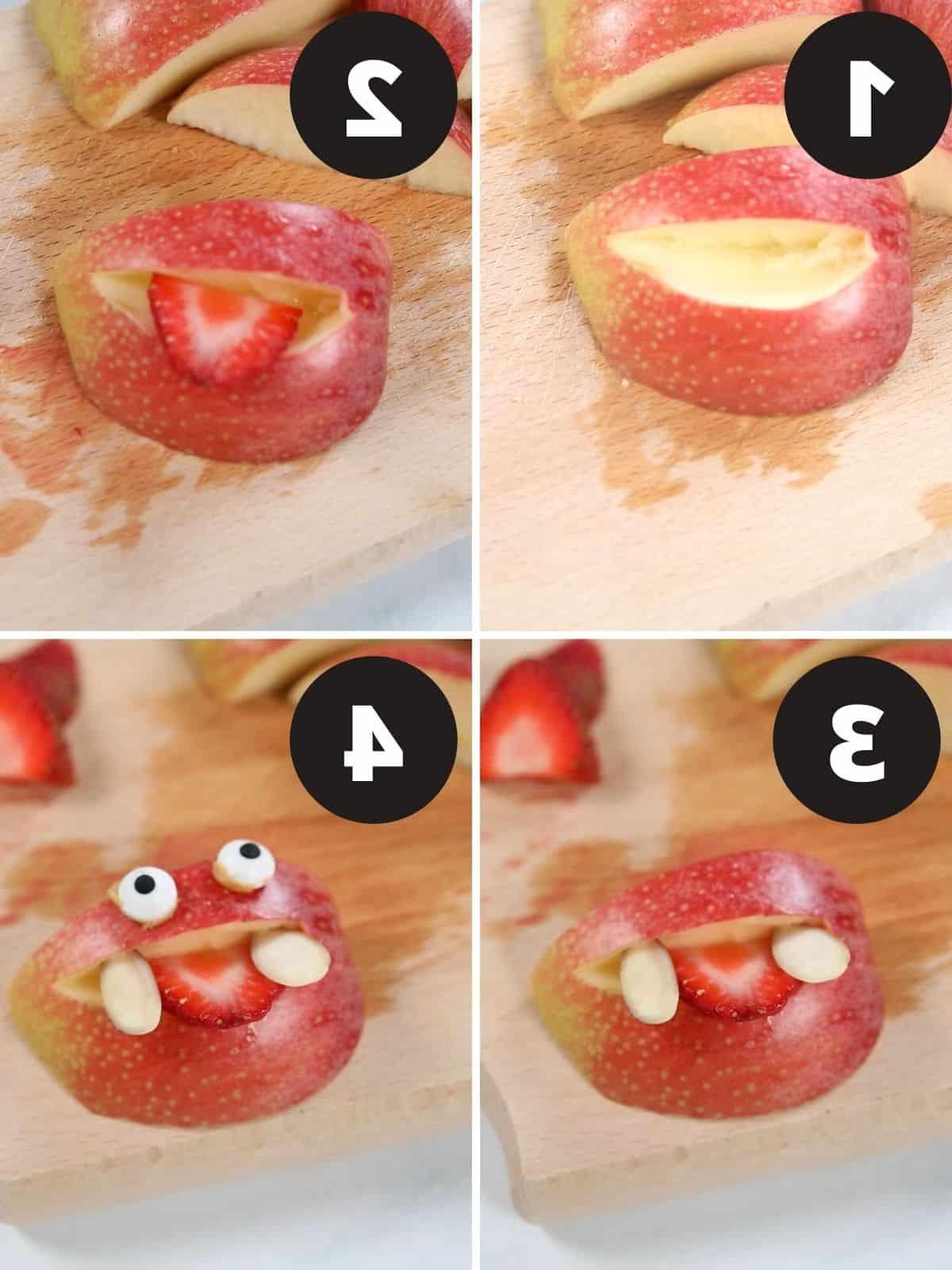 Schritt-für-Schritt-Bilder zur Herstellung von Apfel-Monstern.