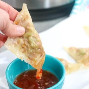 Gedämpfter Wonton gefüllt mit Gemüse, in asiatische Chilisauce getaucht
