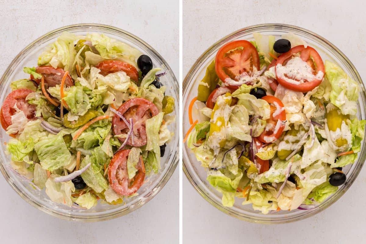 Klare Rührschüssel Seite an Seite mit Eisbergsalat, Kohl, Zwiebeln, Karotten, Oliven, Tomaten und Pepperoncini-Paprika und hausgemachtem cremigem italienischem Dressing vor und nach dem Vermischen.