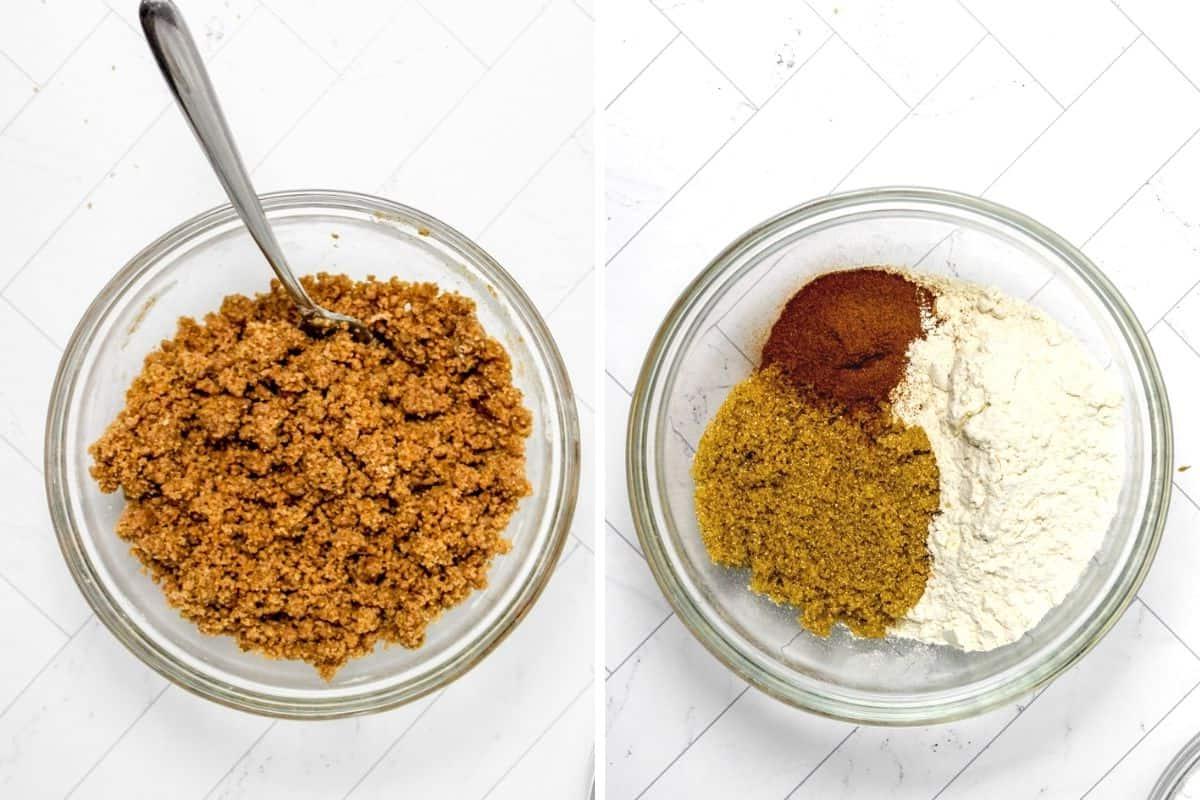 Nebeneinander Schüssel vor und nach dem Mischen des Muffin-Streusels.