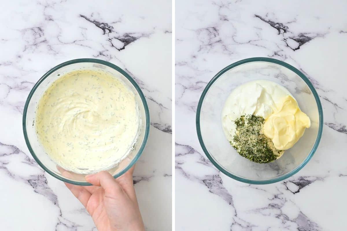 Nebeneinander Schale vor und nach dem Mischen des Ranch-Dressings für Kartoffelsalat.
