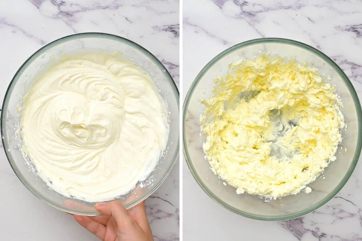 Rezept für Kürbiskuchen mit Frischkäse-Frosting Nebeneinander liegendes Foto, das Frischkäse-Frosting nach dem Cremen von Butter und nach dem Hinzufügen von Puderzucker zeigt.
