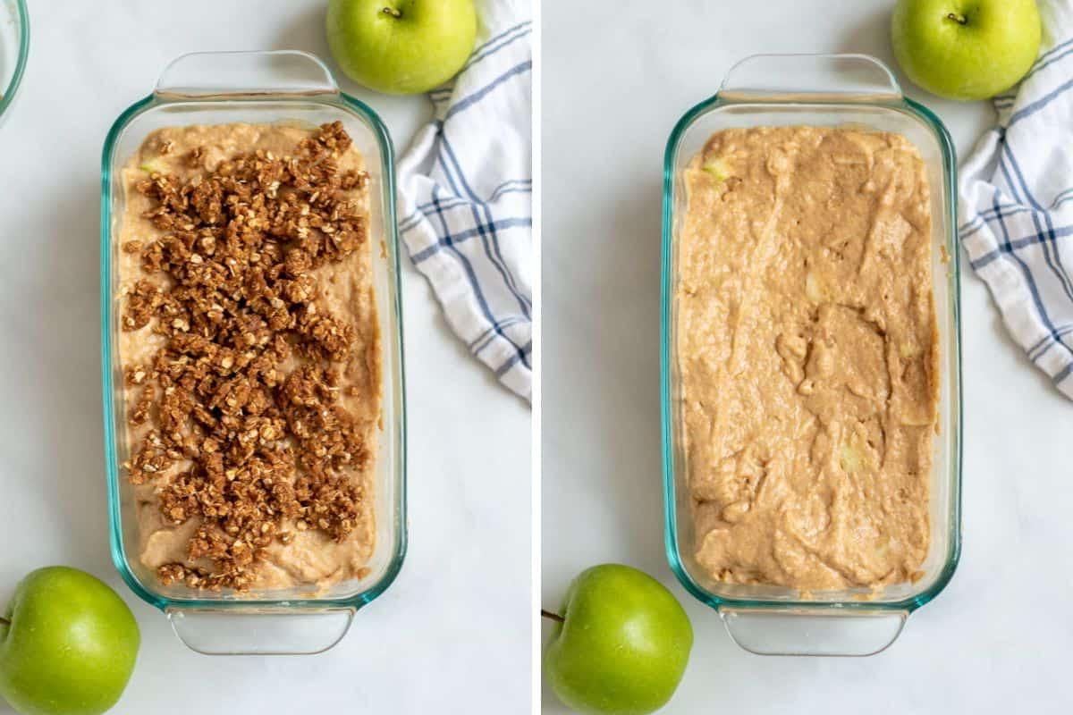 Apfel-Zimt-Brot Nebeneinander Kastenform mit Apfelbrot-Teig vor und nach dem Hinzufügen der Streusel.