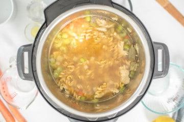Alle Zutaten für die Puten-Nudelsuppe im Innenbehälter des Instant Pots, vor dem Druckgaren.