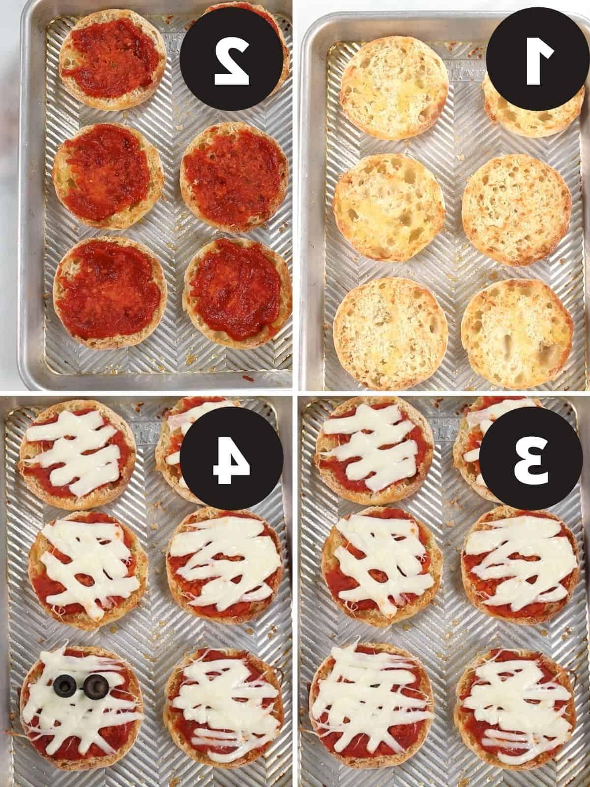 Collage zur Herstellung von Mumien-Pizzas.