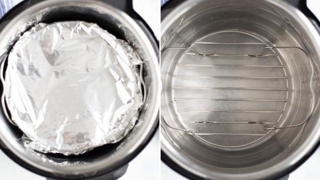 Nebeneinander Ansicht des Instant Pots mit Gitter und einem mit Lasagne im Instant Pot.