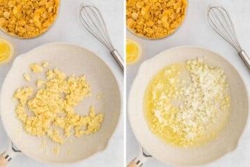 Nebeneinander-Foto zeigt Pfanne mit geschmolzener Butter und gehackten Zwiebeln, daneben die Pfanne, nachdem das Mehl in die Pfanne gemischt wurde.