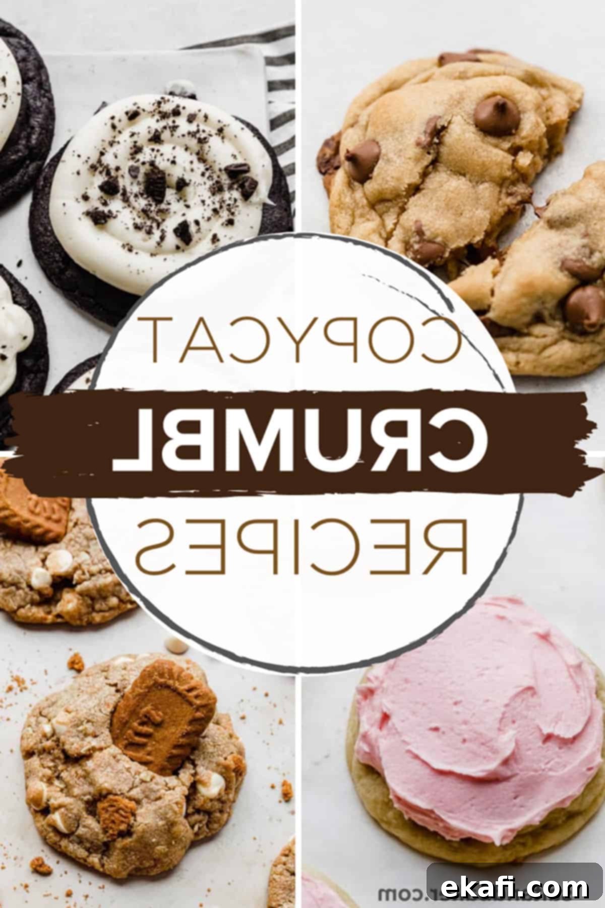 Τέσσερις φωτογραφίες από Crumbl Cookies με επικάλυψη κειμένου.