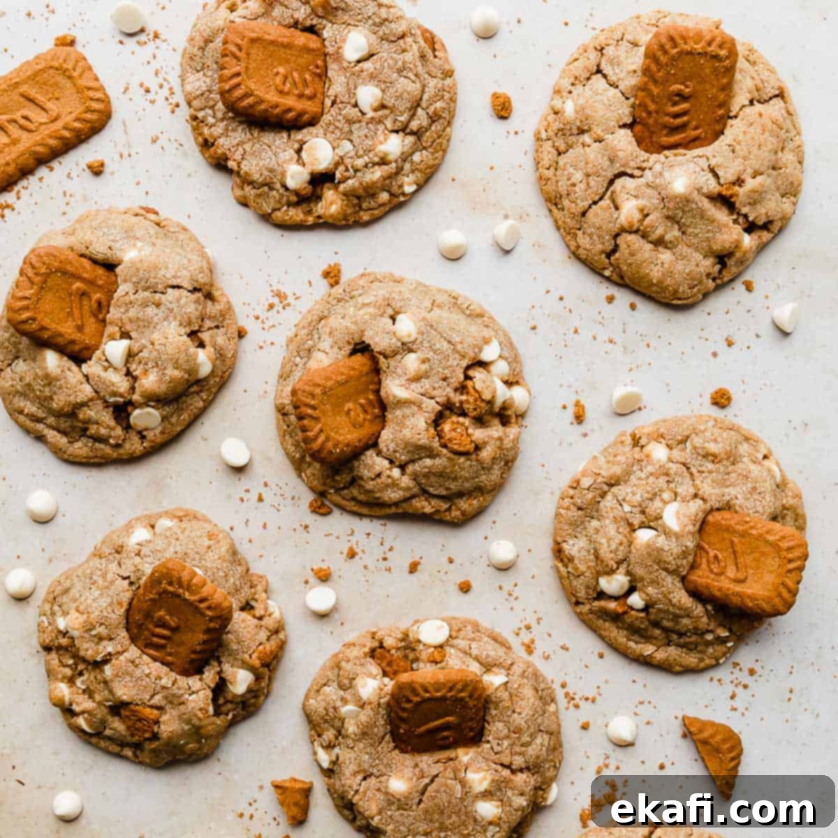 Crumbl Biscoff White Chip Cookies σε μπεζ φόντο.